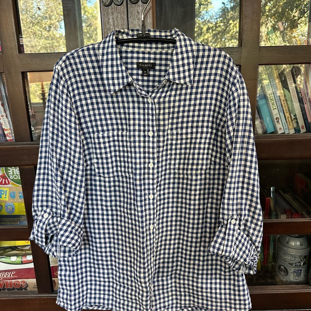 Talbots Navy and White Checkered Shirt